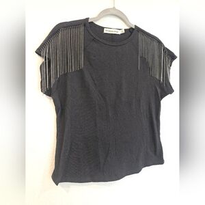 Rebecca Minkoff Black Short Sleeve Crew Neck Metal Fringe T-Shirt Womens Size L.